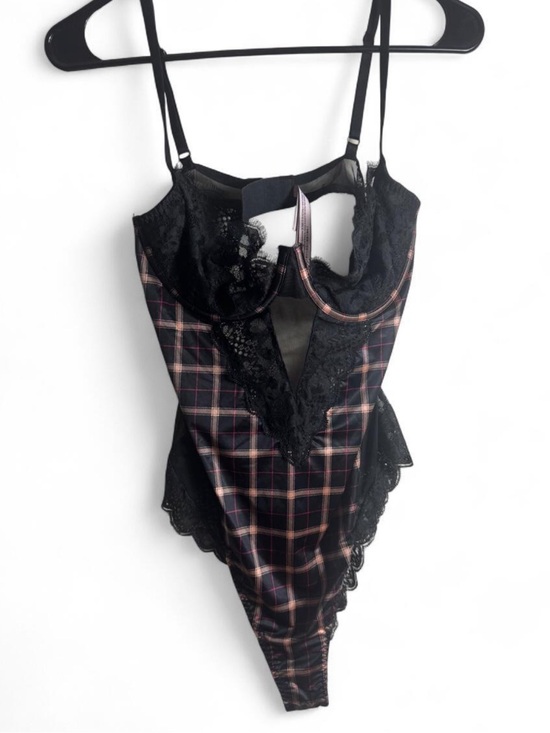 Victoria's Secret Other - Victoria's Secret Black Plaid Lace-Trim Chemise Bodysuit